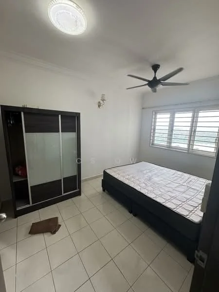 Bedroom features: queen-size bed, 5-blade ceiling fan, white painted walls, tile flooring, built-in wardrobe with sliding doors, window with horizontal slats, light fixture on ceiling, decorative wall sconce; style: modern; view: city.