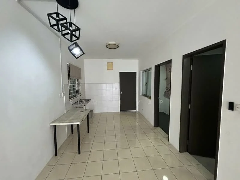 Room features: white painted walls, tile flooring, ceiling light fixture, wall-mounted mirror, countertop with storage, doorway leading to another room, window with natural light, neutral color scheme; style: modern.