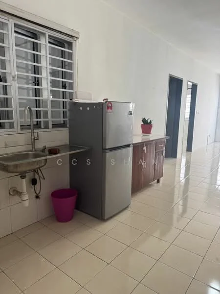 Kitchen features: stainless-steel fridge, single-bowl stainless-steel sink, wooden cabinetry, white tiled backsplash, white tiled flooring, window with security bars, potted plant, pink planter, wall-mounted shelving. Hallway features: white painted walls, white tiled flooring, doorways leading to other rooms, natural light from windows.
