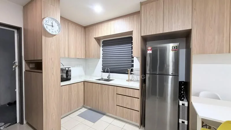 Kitchen features: light wood cabinetry, white countertop, single-bowl stainless-steel sink, chrome pull-down faucet, built-in microwave, stainless-steel fridge, ceramic tile flooring, window with roller blinds, clock on wall, kitchen island with seating, under-cabinet lighting; style: modern.