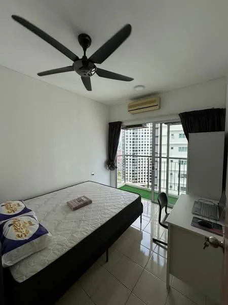 Bedroom features: queen-size bed, upholstered headboard, 2 bedside pillows, desk with chair, floor-to-ceiling windows, sliding glass door, curtains, ceiling fan with light, air conditioning unit, white painted walls, glossy tile flooring; style: modern; view: city.