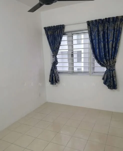 Room features: white painted walls, cream tiled flooring, floor-to-ceiling windows, blue patterned curtains, ceiling fan.
