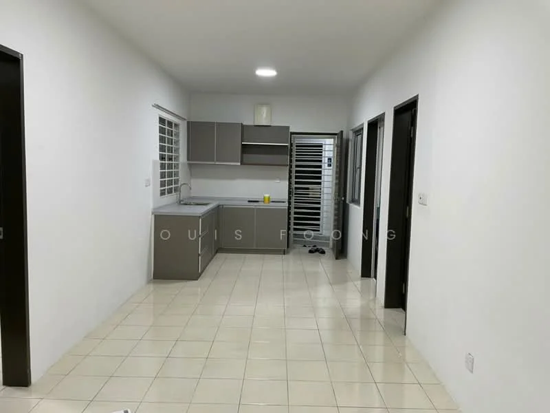 Kitchen features: white painted walls, ceramic tile flooring, grey cabinetry, single-bowl stainless-steel sink, chrome pull-down faucet, countertop with space for appliances, window with grid pattern, recessed ceiling light, open layout to living area; style: modern. Room features: white painted walls, ceramic tile flooring, doorway leading to another room, multiple door frames, open space layout.