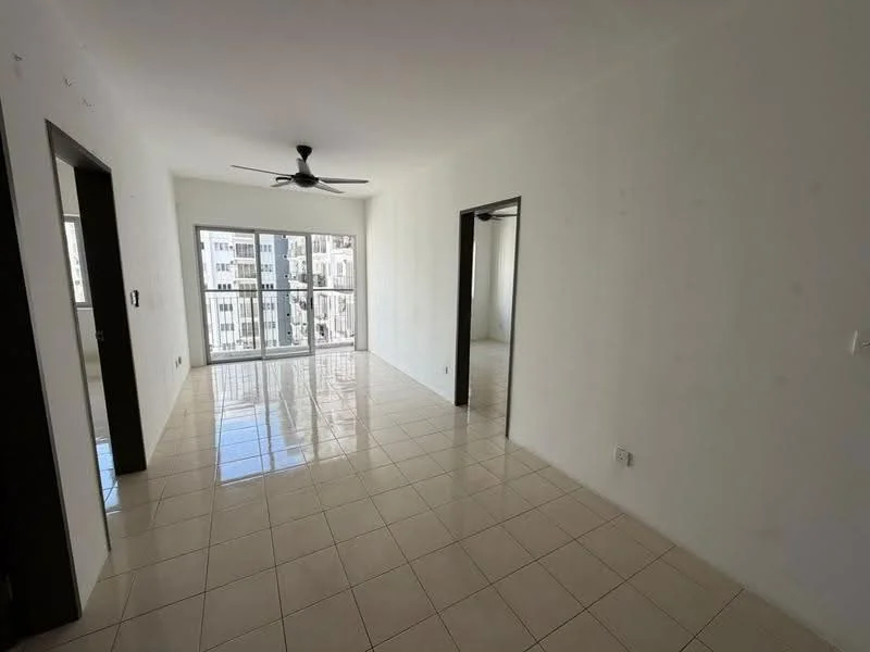 Living features: white painted walls, glossy ceramic tile flooring, 5-blade ceiling fan, floor-to-ceiling windows, sliding glass door, natural light from windows, neutral color palette, open layout; style: modern; view: city. Room features: white painted walls, glossy ceramic tile flooring, doorway leading to another room.
