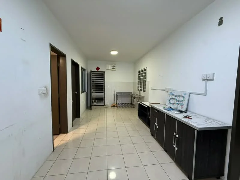 Room features: white painted walls, tile flooring, ceiling light, countertop with marble finish, dark wood cabinetry, stainless-steel sink, window with grille, open layout, utility area, doorway leading to another room; style: modern.
