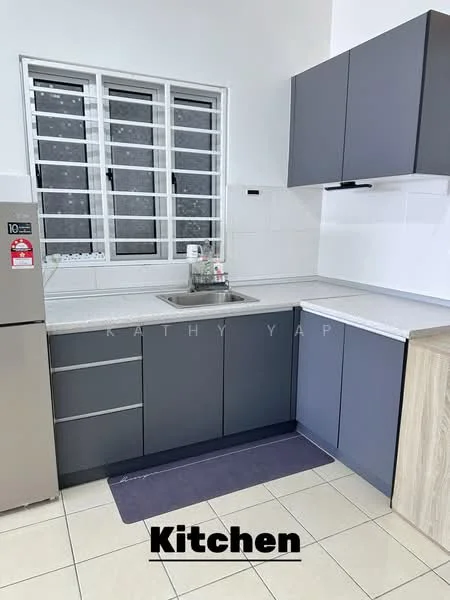 Kitchen features: grey cabinetry, white countertop, single-bowl stainless-steel sink, chrome pull-down faucet, built-in fridge, tile flooring, window with security bars, kitchen mat; style: modern.