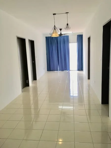 Room features: white painted walls, glossy ceramic tile flooring, blue curtains, hanging pendant lights, two black doors, one sliding glass door, natural light from sliding door; style: modern.