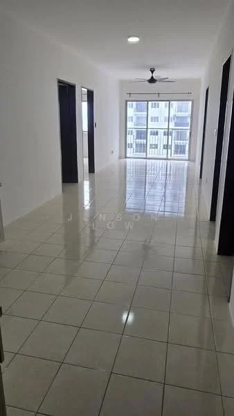 Room features: white painted walls, glossy ceramic tile flooring, 5-blade ceiling fan, large windows with natural light, door frames, neutral color scheme, open layout, high ceiling; style: modern; view: city.