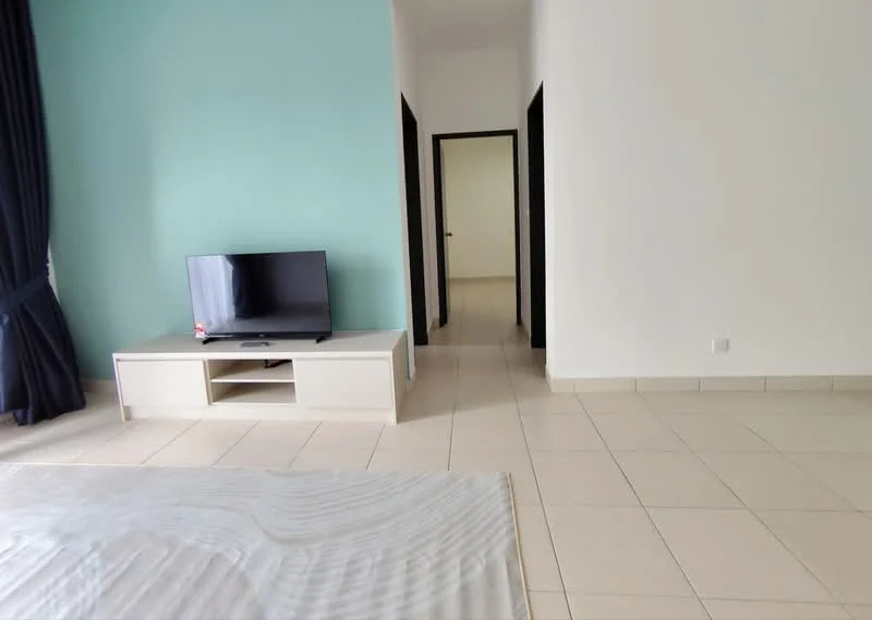 Room features: light blue accent wall, white painted walls, cream tiled flooring, large window with dark curtains, TV on white media console, doorway leading to another room, neutral color scheme, minimalist decor; style: modern.