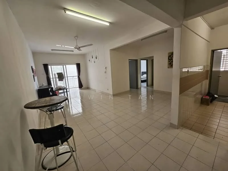 Living features: white painted walls, ceramic tile flooring, 5-blade ceiling fan, floor-to-ceiling windows, sliding glass door, black bar stools, small round dining table, curtains, light fixtures, open layout; style: modern; view: city. Room features: white painted walls, ceramic tile flooring, doorway to adjacent rooms, light fixtures.