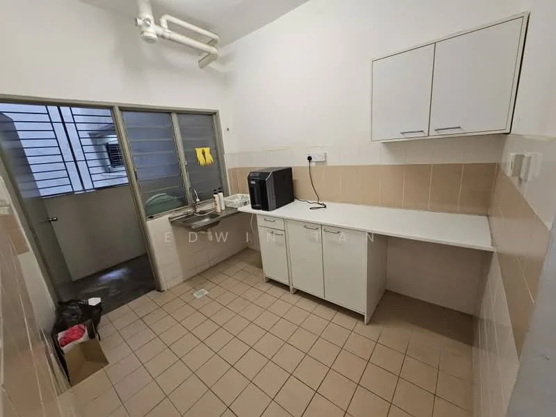 Kitchen features: white laminate cabinetry, stainless-steel sink, chrome faucet, white countertop, tile backsplash, built-in microwave, kitchen appliances, window with metal grille, floor tiles in beige, light fixture on ceiling, open layout, door to hallway; style: modern.