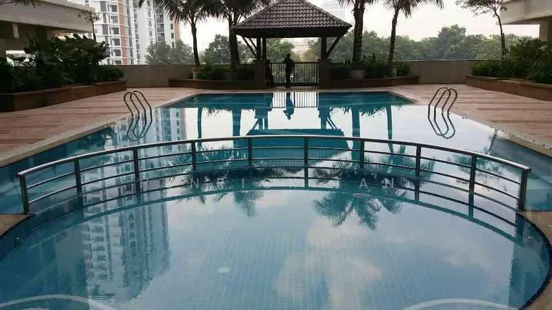 Exterior type: swimming pool deck; features: infinity edge pool, pool deck with loungers, landscaped garden with palm trees, covered gazebo, surrounding greenery, safety railing, tile flooring around pool, water feature, city skyline in background; style: modern.