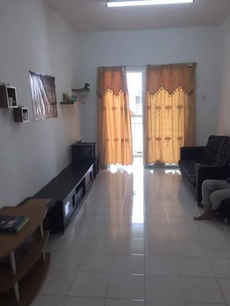 Living features: white painted walls, glossy tile flooring, large sliding glass door, curtains with floral pattern, black fabric sofa, wooden coffee table, TV console, open shelving unit, decorative plants, area rug; style: modern.