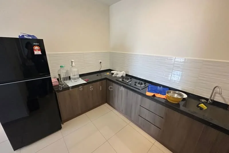 Kitchen features: black refrigerator, stainless-steel sink, chrome faucet, black granite countertop, brown wooden cabinetry, white tiled backsplash, gas stove with two burners, white ceramic floor tiles, plastic water bottles, metal bowl, cleaning cloths, kitchen utensils; style: modern.