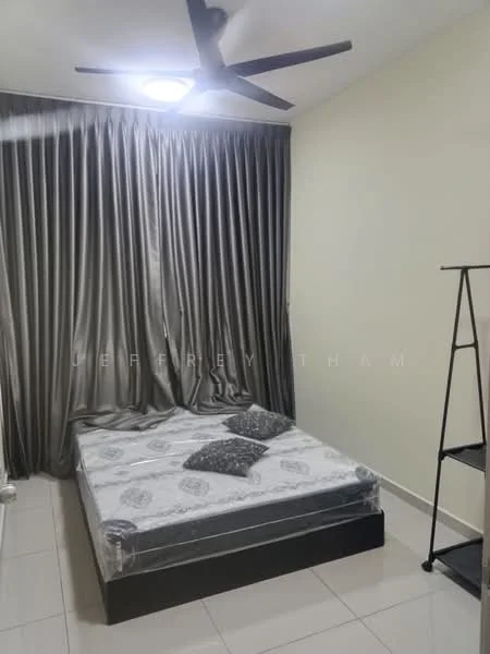 Bedroom features: queen-size bed, grey bedding, two decorative pillows, floor-to-ceiling curtains in grey, light-colored painted walls, ceramic tile flooring, 5-blade ceiling fan with light, nightstand, decorative ladder shelf; style: modern.