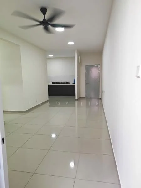 Room features: white painted walls, glossy ceramic tile flooring, 5-blade ceiling fan, recessed LED downlights, kitchen area visible in background, grey cabinetry in kitchen, stainless-steel sink, single door, open layout; style: modern.