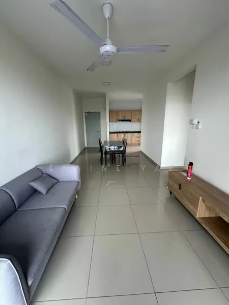 Living features: grey fabric sofa, wooden TV console, ceiling fan, large floor tiles, neutral painted walls, open layout to kitchen, dining area with table and chairs, natural light from windows; style: modern.