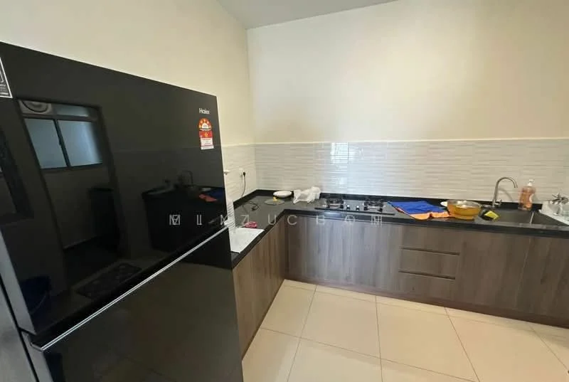 Kitchen features: black fridge, black granite countertop, wood cabinetry, white tiled backsplash, stainless-steel sink, chrome pull-down faucet, built-in gas hob, exhaust hood, tile flooring, window above sink, kitchen utensils on countertop; style: modern.