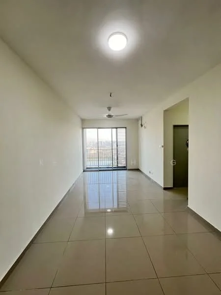 Living features: white painted walls, glossy ceramic tile flooring, 5-blade ceiling fan with light, floor-to-ceiling sliding glass door, window with horizontal blinds, recessed ceiling lights, neutral color scheme, open layout; style: modern; view: city.