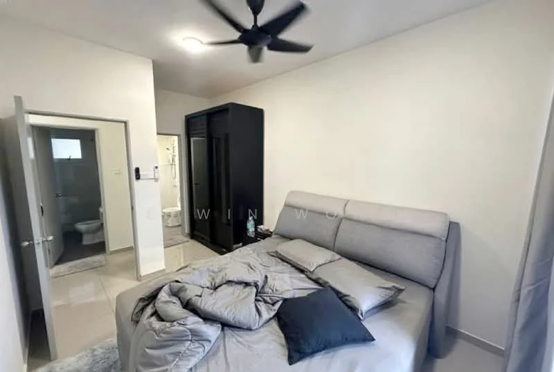 Bedroom features: king-size bed, upholstered headboard, grey bedding, 2 bedside pillows, ceiling fan, wall-mounted wardrobe, light-colored walls, tile flooring, en-suite bathroom door, sliding door to bathroom; style: modern.