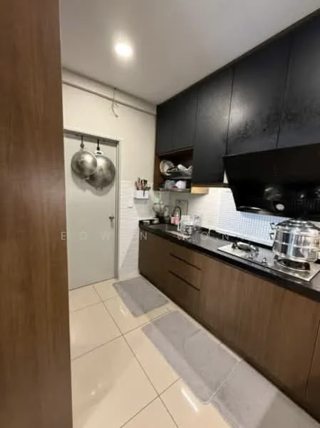 Kitchen features: dark wood cabinetry, black countertop, stainless-steel sink, chrome pull-down faucet, built-in stove with hood, white tiled backsplash, ceramic tile flooring, two area rugs, hanging pots, wall-mounted storage, recessed lighting; style: modern.