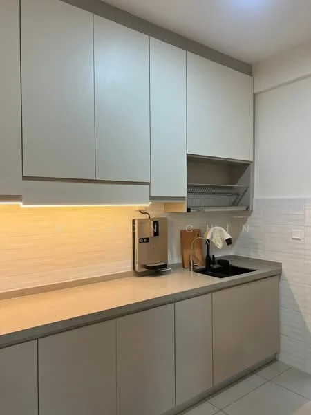 Kitchen features: light grey cabinetry, laminate countertop, single-bowl stainless-steel sink, chrome pull-down faucet, white tiled backsplash, under-cabinet lighting, built-in kitchen appliances, open shelving; style: modern.