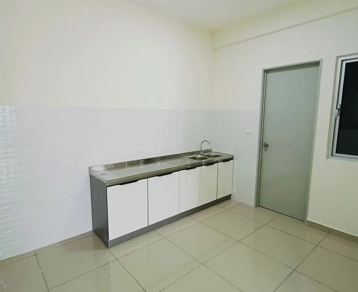 Kitchen features: stainless-steel countertop, double-bowl stainless-steel sink, chrome pull-down faucet, white cabinetry with flat-panel doors, white tiled backsplash, ceramic tile flooring, single window, light-colored painted walls, door leading to another room; style: modern.