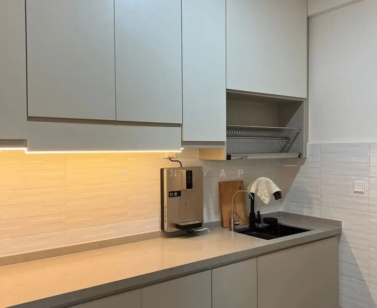 Kitchen features: light grey cabinetry, white quartz countertop, single-bowl stainless-steel sink, chrome pull-down faucet, built-in coffee machine, open shelving, tile backsplash with textured pattern, under-cabinet lighting; style: modern.