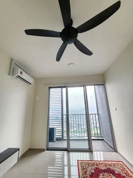 Room features: 5-blade ceiling fan, wall-mounted split AC, sliding glass door, floor-to-ceiling windows, grey tiled flooring, white painted walls, balcony with railing, decorative area rug; style: modern; view: city.