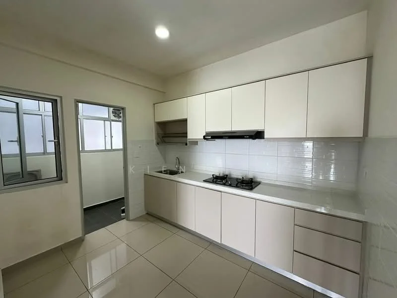 Kitchen features: light beige cabinetry, white tiled backsplash, white countertop, stainless-steel gas hob, built-in range hood, single-bowl stainless-steel sink, wall-mounted cabinets, floor-to-ceiling windows, ceramic tile flooring, recessed ceiling lights; style: modern. Room features: grey tiled flooring, window with metal frame.