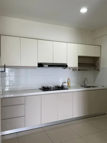 Kitchen features: light beige cabinetry, stainless-steel countertop, white tiled backsplash, built-in gas stove with two burners, stainless-steel sink, chrome pull-down faucet, overhead kitchen hood, under-cabinet lighting, ceramic tile flooring, open shelving above countertop; style: modern.