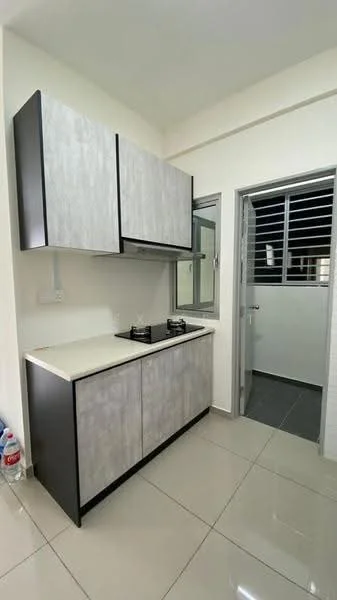 Kitchen features: grey laminate cabinetry, white countertop, double-burner gas hob, stainless-steel sink, wall-mounted range hood, glazed tile backsplash, ceramic tile flooring, window with security bars, light-colored walls, open shelving, door leading to utility area; style: modern.