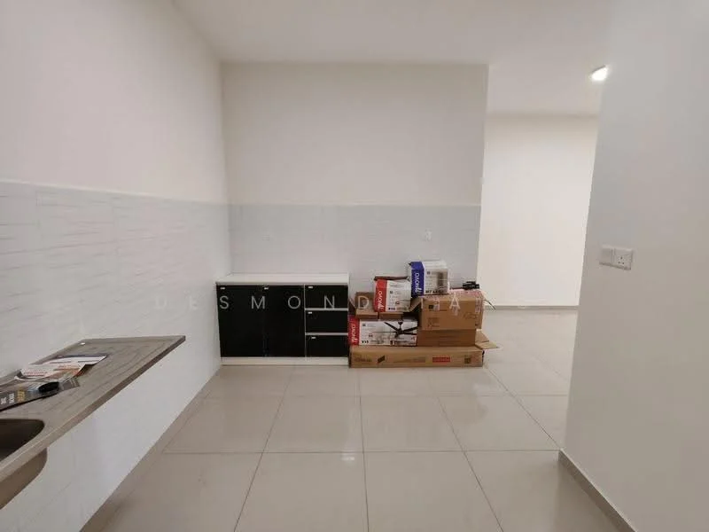 Kitchen features: white tiled walls, grey countertop, stainless-steel sink, black cabinetry, ceramic tile flooring, unpacked boxes, open space layout, wall-mounted electrical outlets.