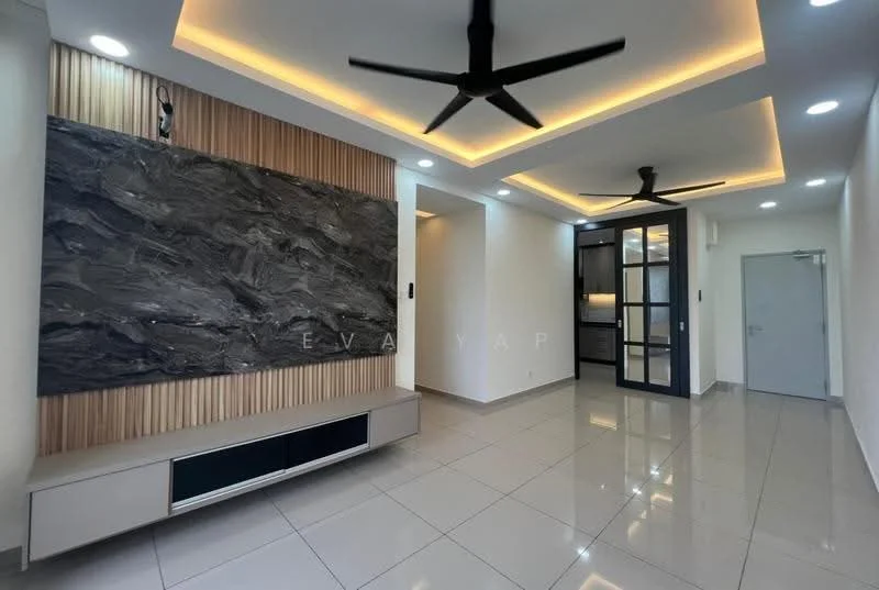 Living features: marble feature wall, wood paneling, glossy tile flooring, recessed ceiling lights, 2 ceiling fans, built-in TV console, glass partition, neutral wall color; style: modern.