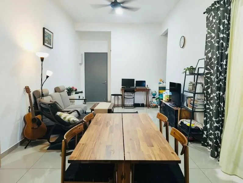 Dining features: wooden dining table, 4 wooden dining chairs, white walls, recessed downlights, floor-to-ceiling window with sheer curtains, grey accent wall, light-colored tiled flooring, decorative wall clock, guitar in corner, sofa chair, small coffee table, computer desk with chair; style: modern.