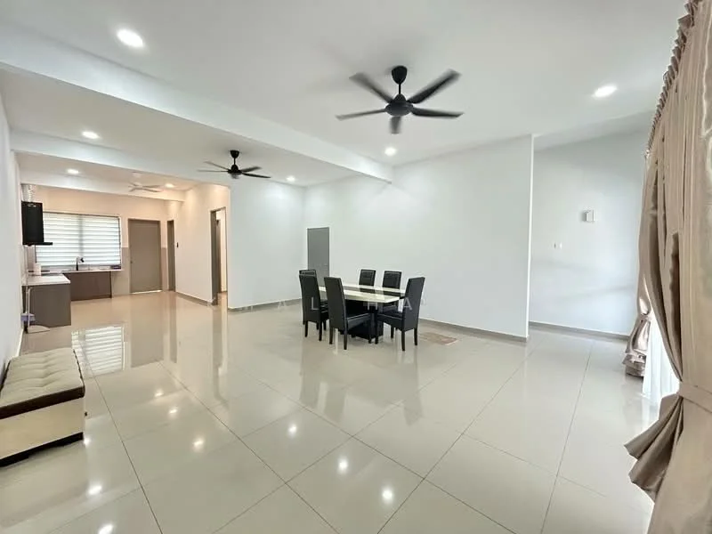 Dining features: 6-seater dining table, black dining chairs, white tablecloth, polished ceramic tile flooring, recessed LED downlights, 2 ceiling fans, neutral painted walls, large windows with sheer curtains; style: modern. Living features: sofa with beige upholstery, coffee table, open layout, polished ceramic tile flooring, neutral painted walls, recessed LED downlights, 2 ceiling fans, large windows with sheer curtains; style: modern.
