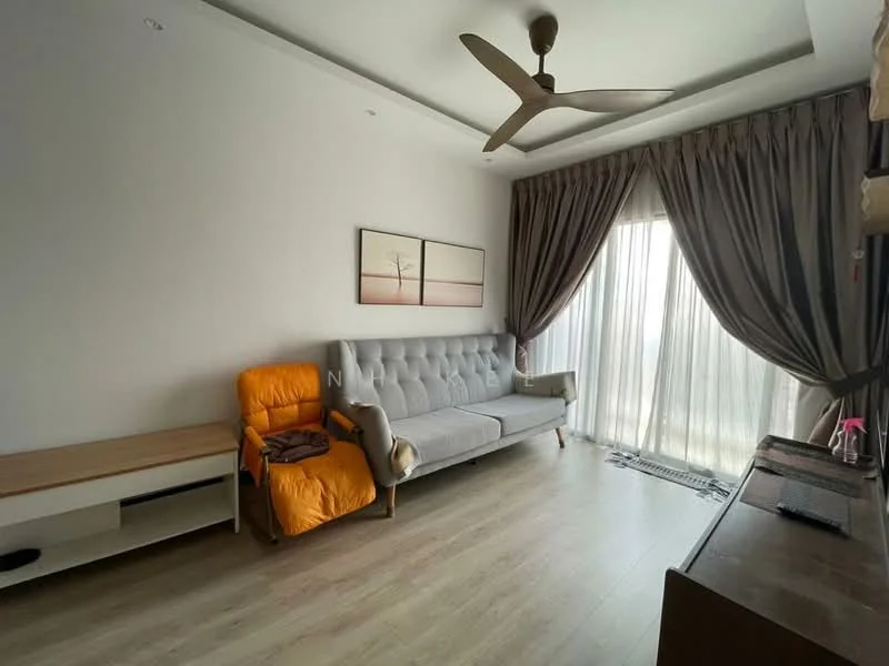 Living features: grey fabric sofa, wooden coffee table, floor-to-ceiling windows, sheer curtains, 5-blade ceiling fan, light wood flooring, decorative wall art, orange armchair, TV console, wooden sideboard; style: modern.