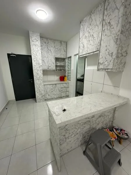 Kitchen features: marble countertop, marble cabinetry, white tiled backsplash, white tiled flooring, single-bowl stainless-steel sink, built-in oven, refrigerator space, open shelving, under-cabinet lighting, wall-mounted cabinets, kitchen island, stool, window, door to utility area; style: modern.