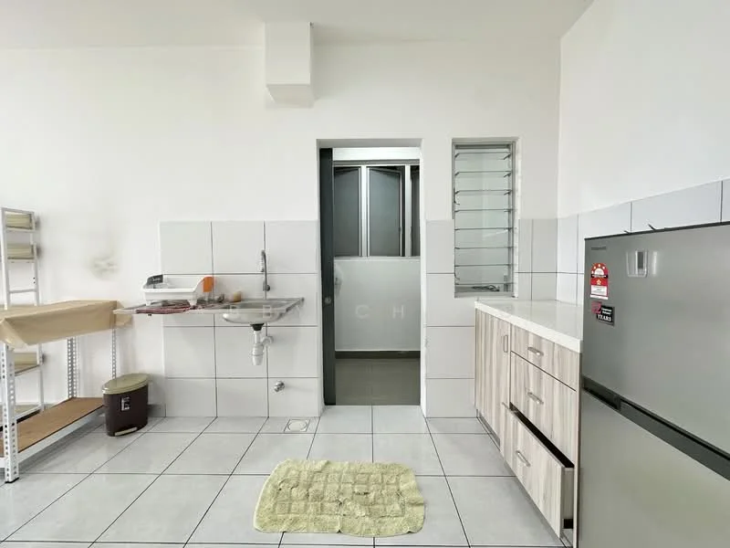 Kitchen features: white tiled walls, grey tiled flooring, single-bowl stainless-steel sink, chrome pull-down faucet, built-in cabinetry with wood finish, countertop with laminate finish, refrigerator, window with horizontal slats, door leading to utility area, open shelving unit, kitchen mat; style: modern.