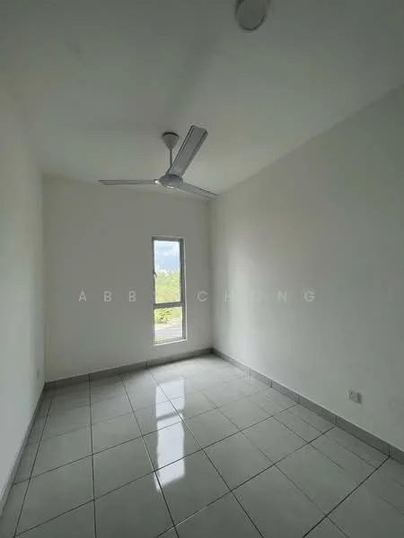 Room features: white painted walls, glossy ceramic tile flooring, ceiling fan, single window, natural light, neutral color scheme, corner room, no visible furniture; style: minimalist; view: garden.