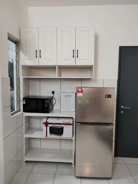 Kitchen features: white cabinetry with handles, stainless-steel fridge, microwave, open shelving, white tiled backsplash, grey tiled flooring, countertop space, wall-mounted electrical outlet; style: modern.