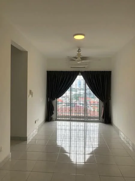 Living features: white painted walls, glossy ceramic tile flooring, 5-blade ceiling fan with light, floor-to-ceiling windows, blackout curtains, city view, recessed lighting, sliding glass door; style: modern; view: city.