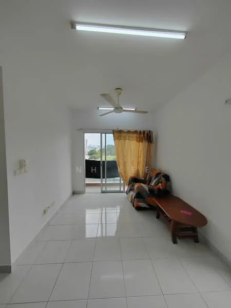 Living features: white painted walls, glossy ceramic tile flooring, 5-blade ceiling fan with light, sliding glass door, sheer curtains, sofa with colorful upholstery, wooden coffee table, natural light from window; style: modern; view: city.