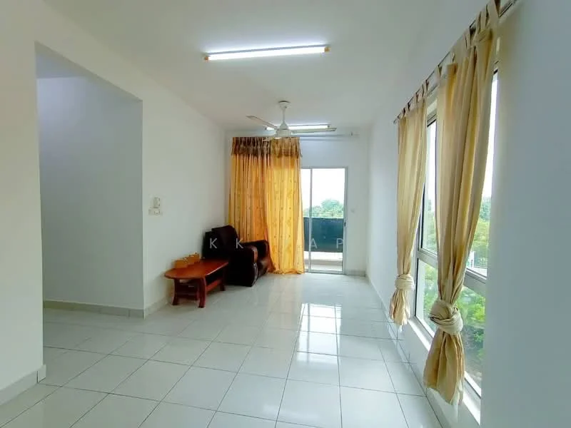 Living features: white painted walls, glossy ceramic tile flooring, 5-blade ceiling fan with light, floor-to-ceiling windows, sheer curtains, brown armchair, wooden side table, balcony door, natural light from windows, greenery view outside; style: modern; view: garden.