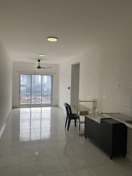 Living features: white painted walls, glossy white tile flooring, 5-blade ceiling fan with light, floor-to-ceiling windows, sliding glass door, black dining table, plastic chair, small black cabinet, water dispenser, natural light from windows, city view from windows; style: modern; view: city.