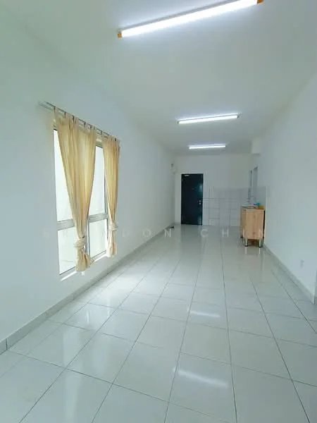 Room features: white painted walls, glossy ceramic tile flooring, large windows with sheer curtains, recessed LED downlights, neutral color scheme, open layout, kitchenette area visible in the background, no visible furniture; style: modern.
