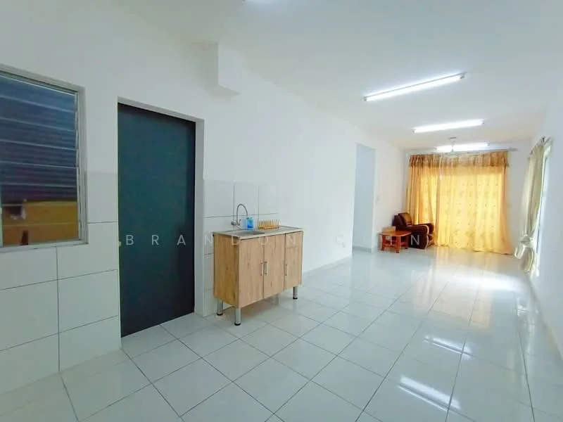 Room features: white painted walls, glossy white floor tiles, large window with sheer curtains, wooden cabinet with sink, recessed ceiling lights, brown armchair, curtains with floral pattern, open space layout; style: modern.