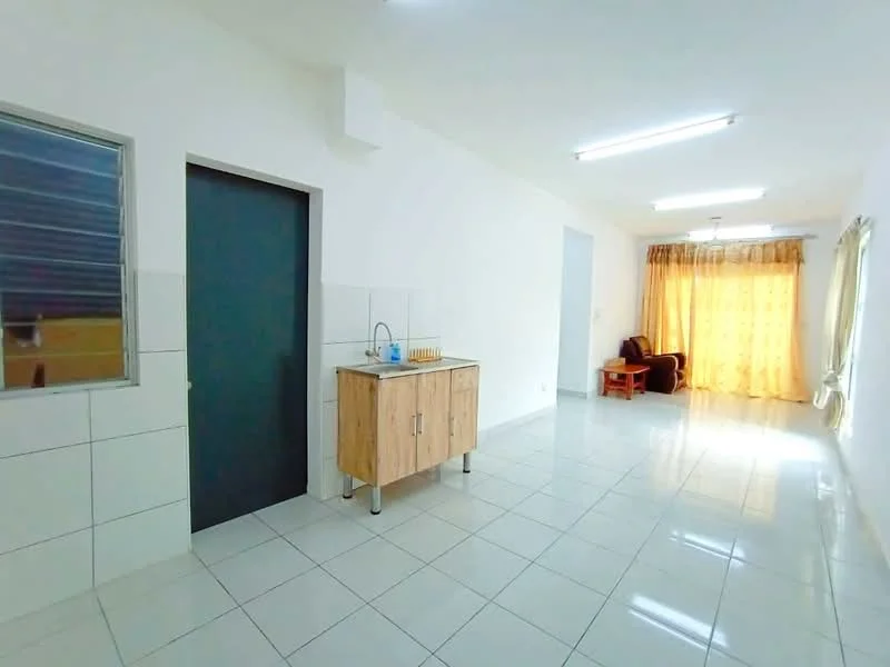 Room features: white painted walls, glossy white tile flooring, large windows with sheer curtains, wooden cabinet with countertop, recessed ceiling lights, door leading to another room, open space layout, natural light from windows; style: modern.