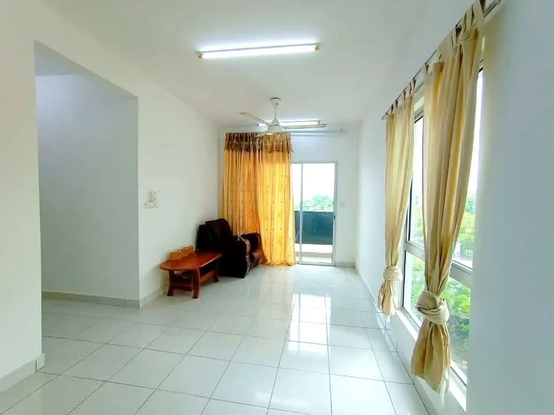 Living features: white painted walls, glossy ceramic tile flooring, 5-blade ceiling fan with light, floor-to-ceiling windows, sheer curtains, dark brown armchair, wooden coffee table, balcony access, natural light from windows; style: modern; view: garden.
