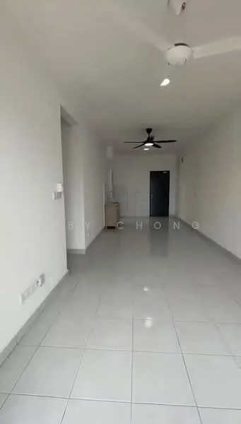 Living features: white painted walls, glossy ceramic tile flooring, 5-blade ceiling fan, recessed downlights, large windows, neutral color scheme, open layout, doorway leading to another room; style: modern.